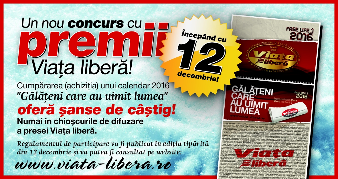 CONCURS/ Din 12 decembrie, în chioşcurile "Viaţa liberă", un calendar cu o grafică de excepţie