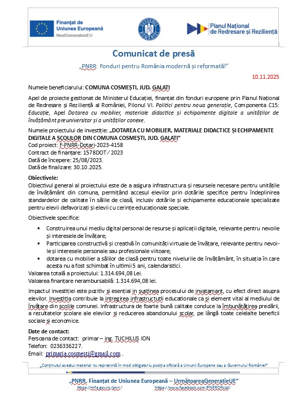 Mobilier, materiale didactice şi echipamente digitale pentru şcolile din comuna Cosmeşti