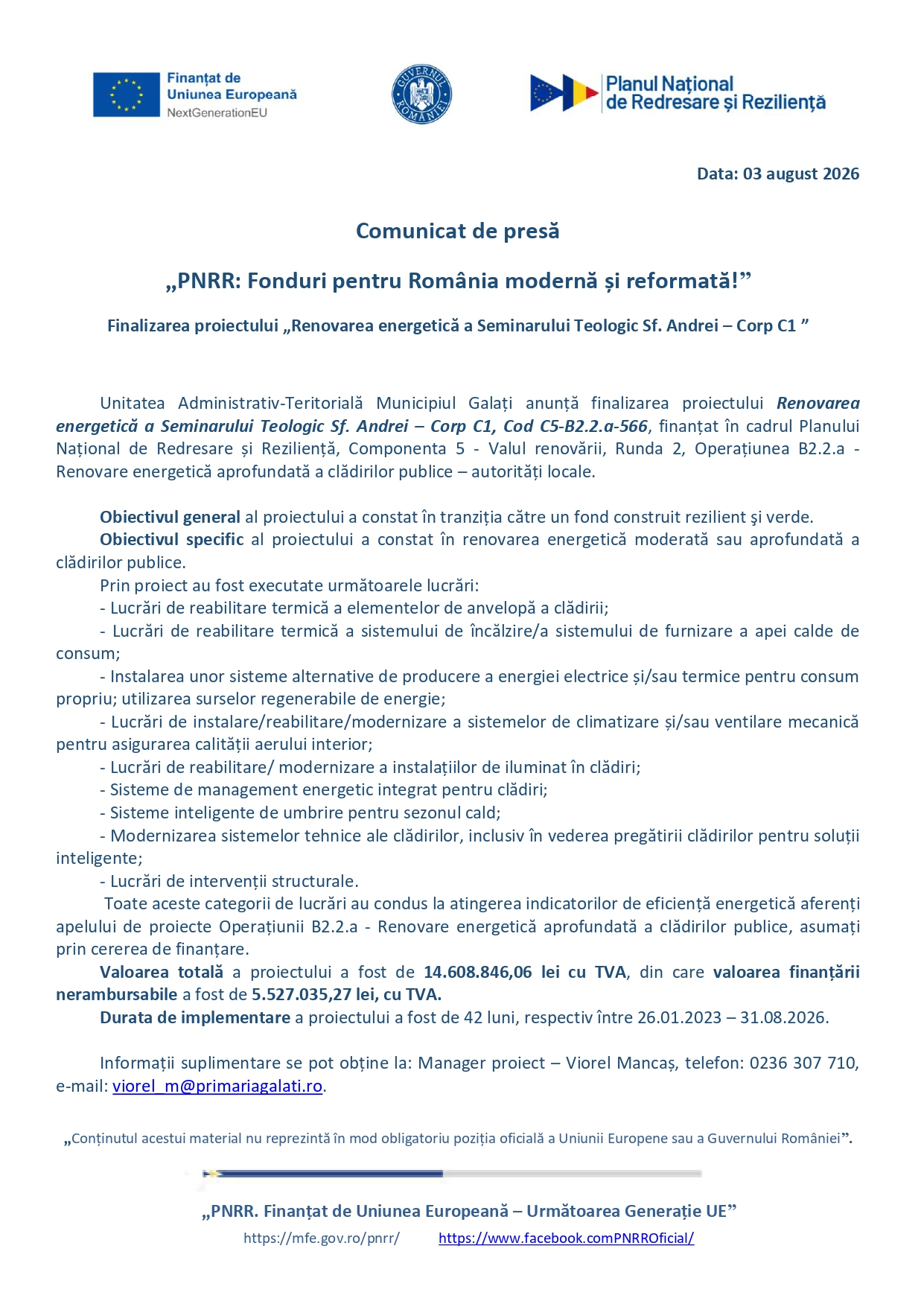 Comunicat de presă- Finalizare proiect „Renovare energetică a Seminarului Teologic Sf. Andrei - Corp C1”